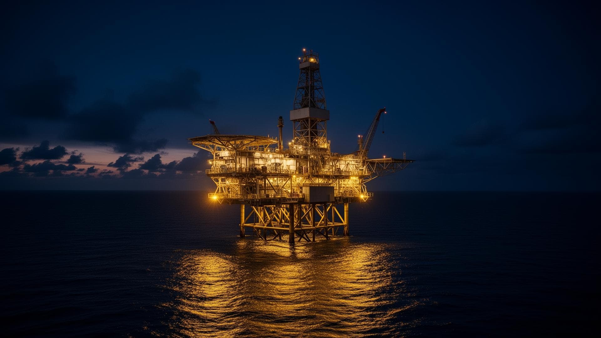 Offshore oil rig at dusk