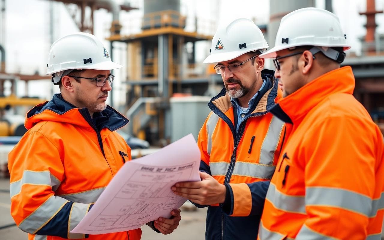 Safety officers reviewing blueprints